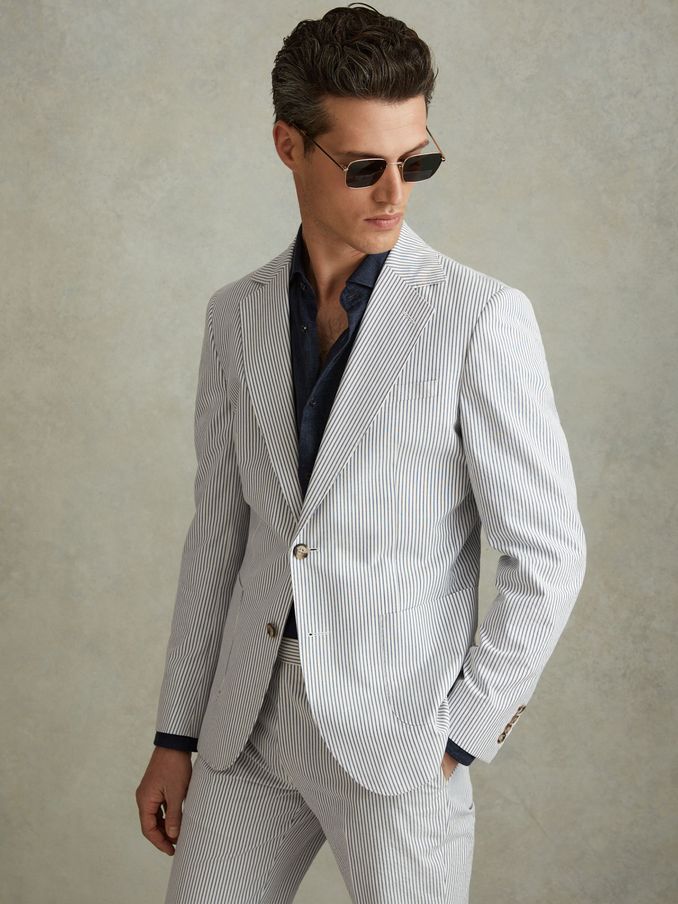 Barr Soft Blue/White Cotton Seersucker Single Breasted Slim Fit Blazer (N21176) | CHF 171