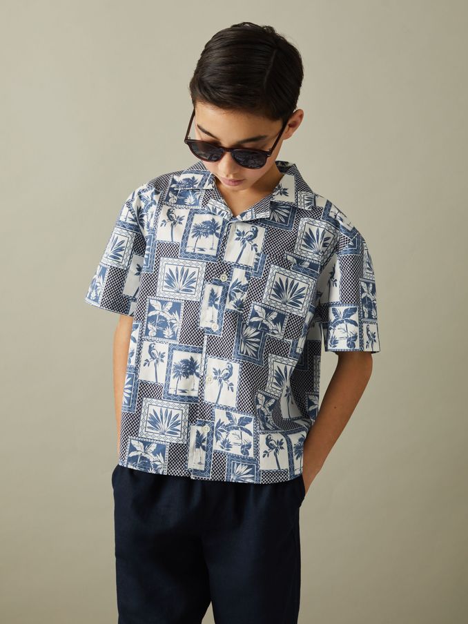 3-9 yrs Cotton Blend Collage Cuban Collar Shirt in Airforce Blue (N21177) | US$22