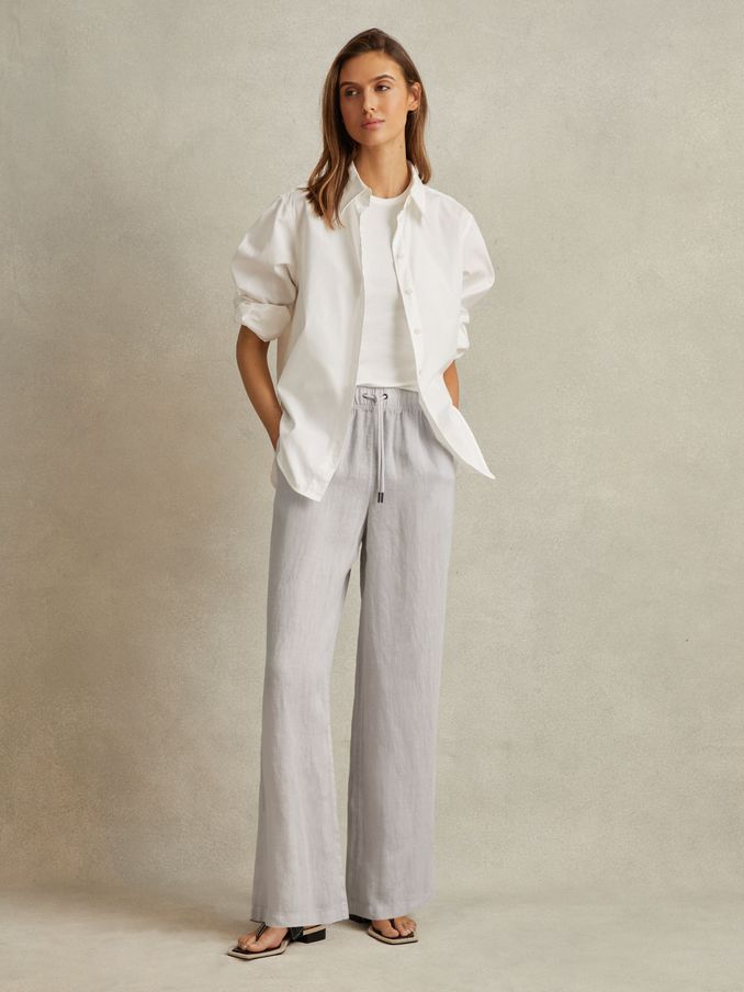 Garment Dyed Wide Leg 100% Linen Trousers in Dusty Blue (N21198) | 386 SAR