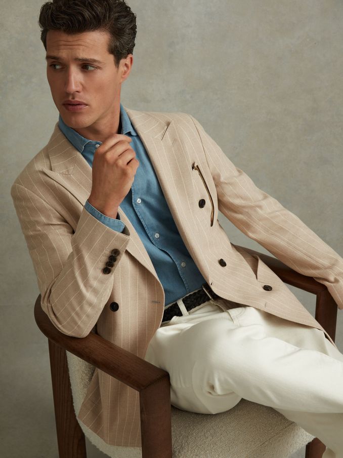 Slim Fit Double Breasted Striped Blazer in Oatmeal (N21201) | US$378