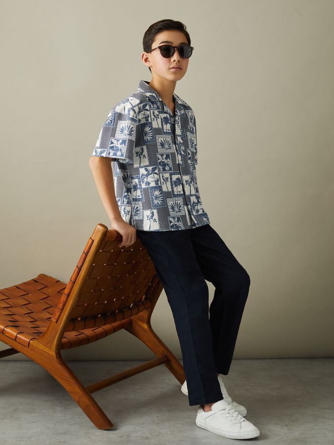 9-13 yrs Cotton Blend Collage Cuban Collar Shirt in Airforce Blue (N21206) | US$23