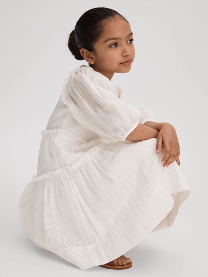 9-13 yrs Tiered Linen Blend Puff Sleeve Dress in Ivory (N21524) | CHF 50