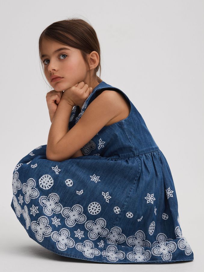 9-13 yrs Denim Broderie Dress in Denim (N21545) | US$49