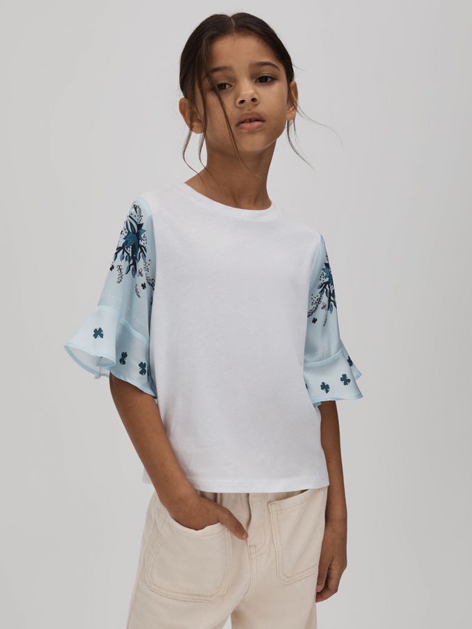 4-9 yrs Flute Sleeve Crew Neck T-Shirt in White (N21667) | €18