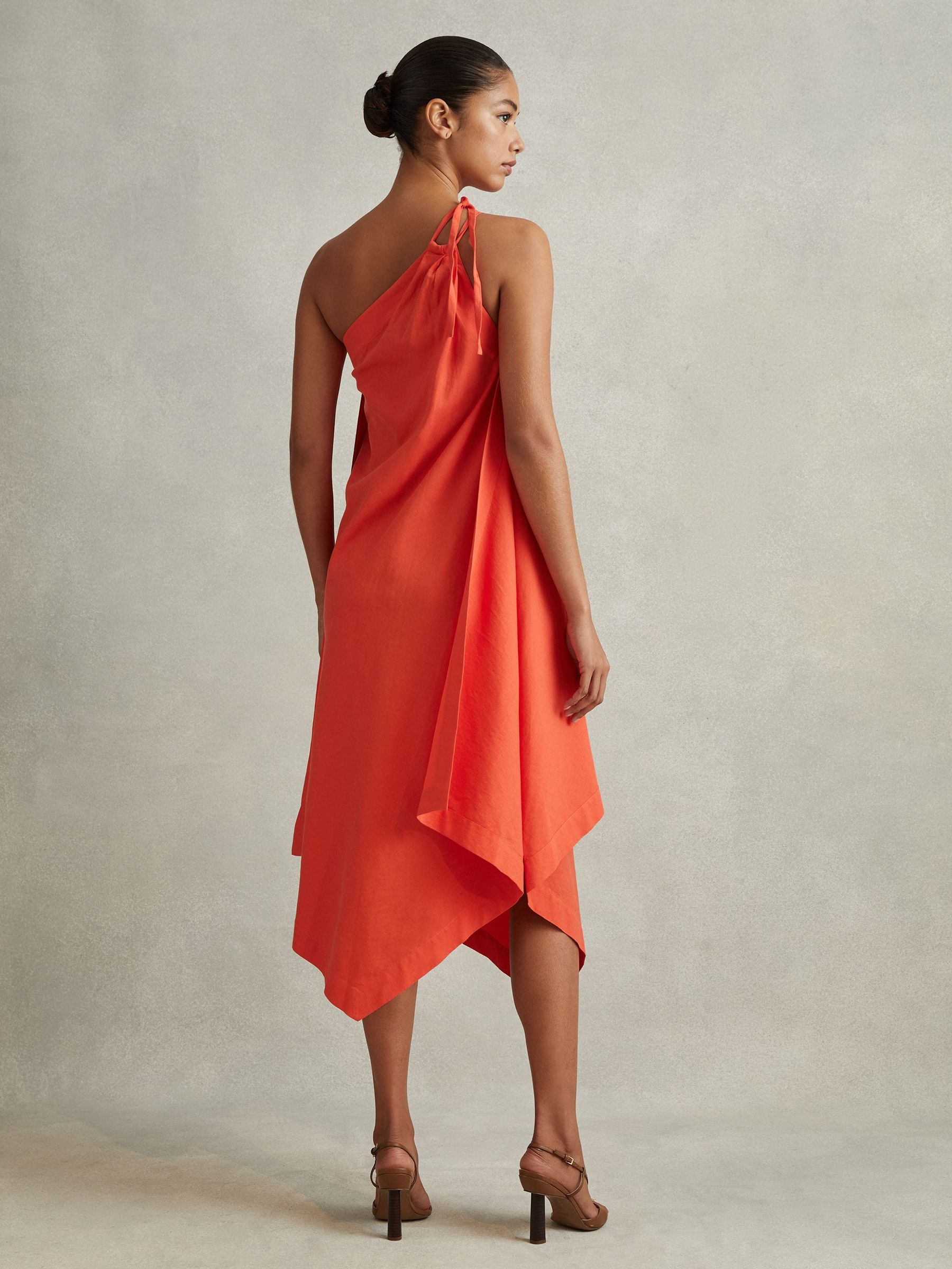 One Shoulder Draped Midi Dress in Orange (N21687) | US$131