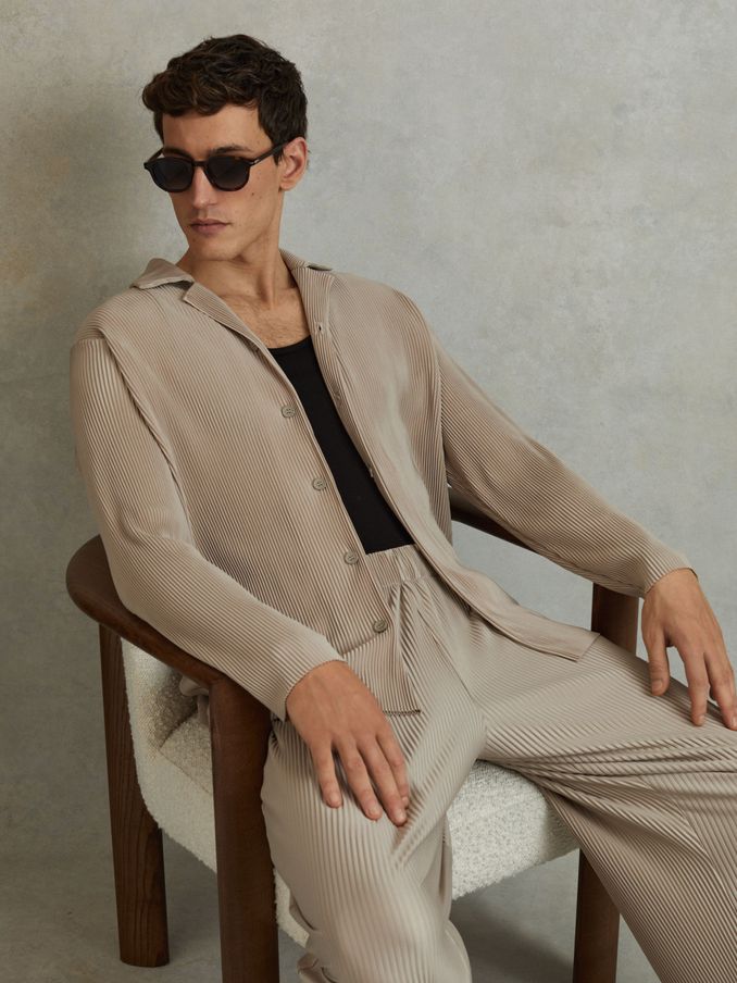 Plisse Cuban Collar Shirt in Champagne (N22870) | €104