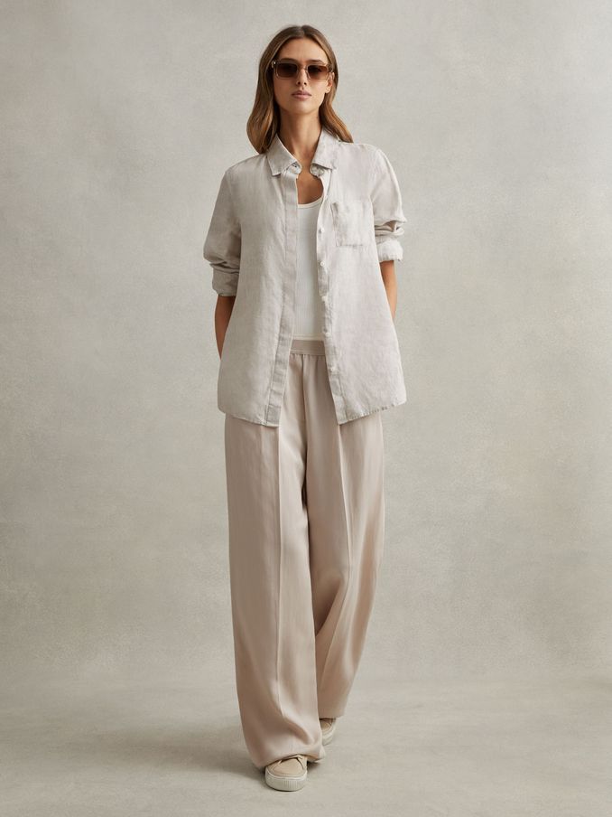 Petite Lyocell-Linen Wide Leg Trousers in Oatmeal (N22907) | €85