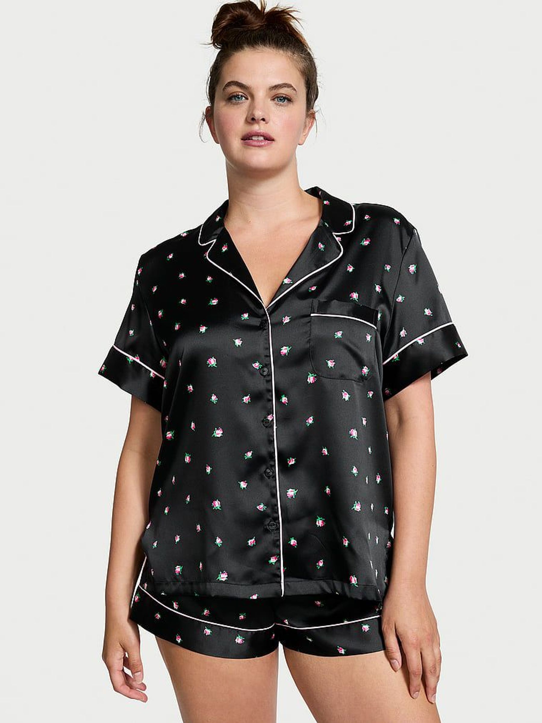 Black Rosebuds Satin Short Pyjama Set (N25041) | €75