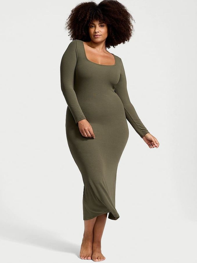 Olive Green Ribbed Modal Long Slip Dress (N25102) | €25
