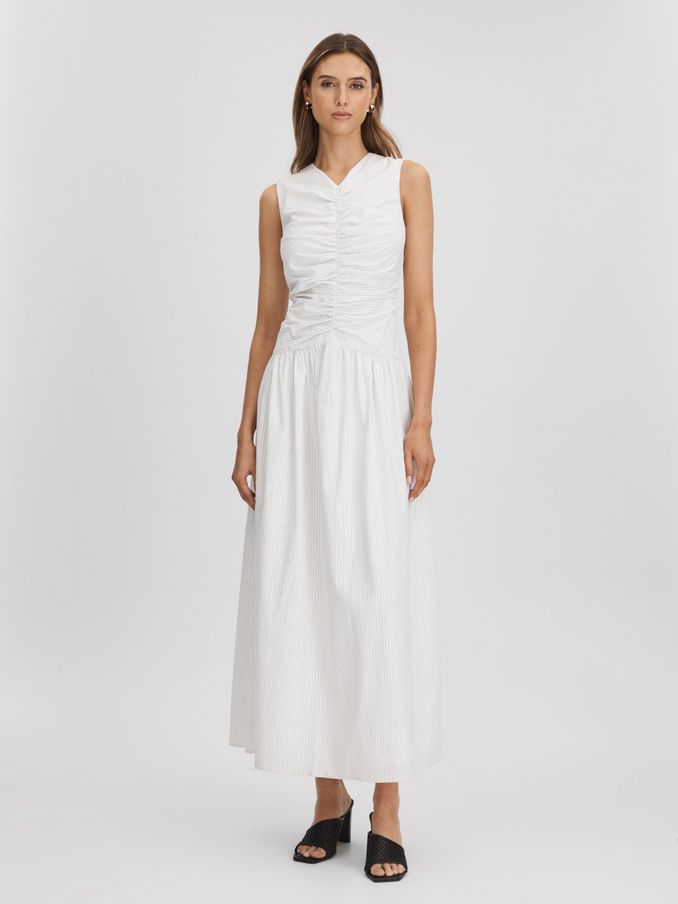 Anna Quan Ruche Maxi Dress in White Stripe (N25303) | US$410