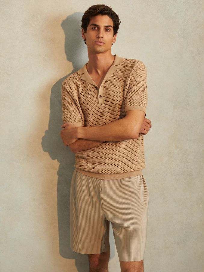 Knitted Cuban Collar Polo Shirt in Stone (N26662) | US$90