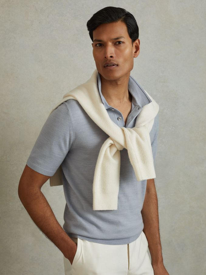 Merino Wool Polo Shirt in Soft Blue Melange (N26693) | €53