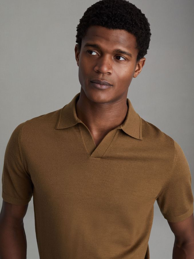 Merino Wool Open Collar Polo Shirt in Tobacco Brown (N26711) | $77