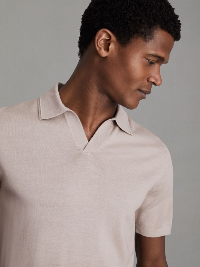 Merino Wool Open Collar Polo Shirt in Washed Stone (N26713) | €68