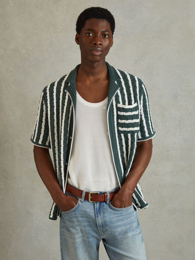 Oversized Crochet Striped Cuban Collar Shirt in Green/White (N26718) | US$83
