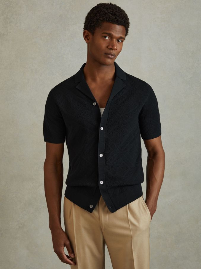 Cotton Cuban Collar Shirt in Navy (N26725) | €83