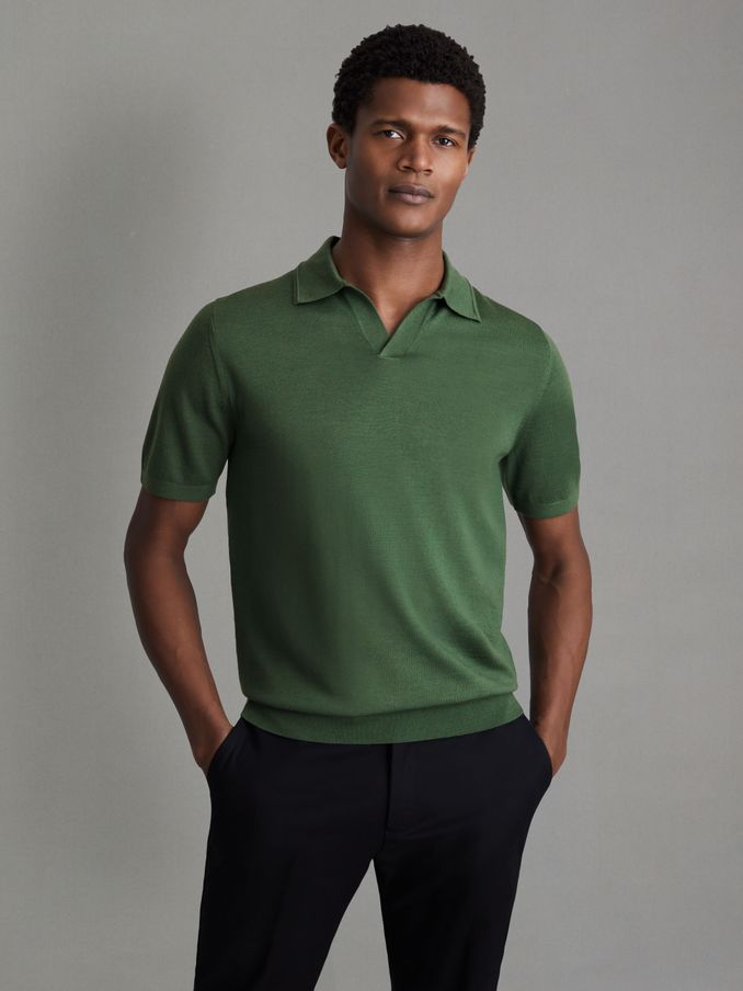 Merino Wool Open Collar Polo Shirt in Lizard Green (N26726) | €82