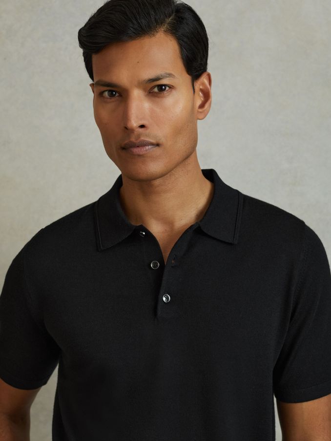 Merino Wool Short-Sleeve Polo Shirt in Black (N26729) | US$145