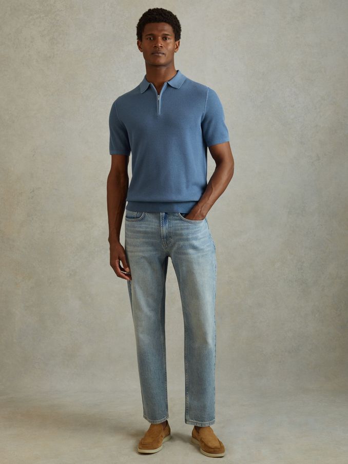 Textured Half-Zip Polo Shirt in Blue (N26730) | 385 SAR