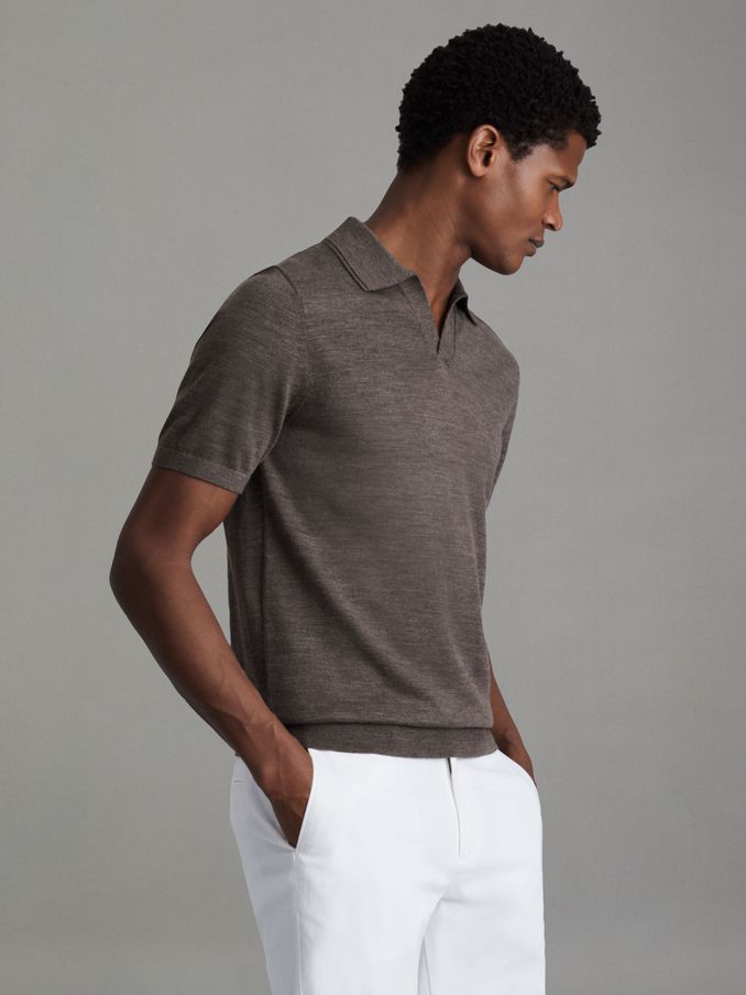 Merino Wool Open Collar Polo Shirt in Dark Brown Melange (N26760) | $98