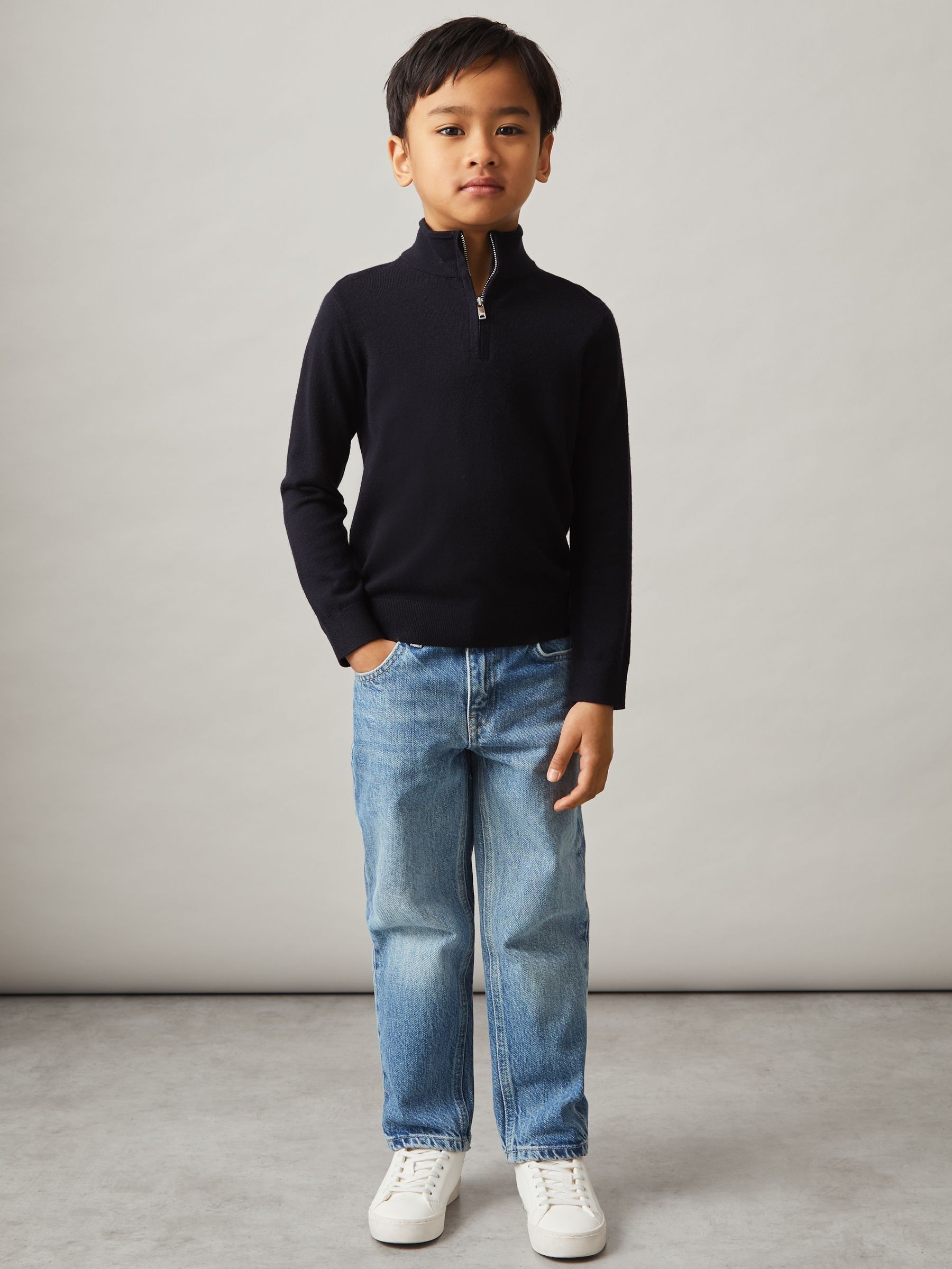 9-13 yrs Merino Wool Half-Zip Funnel Neck Jumper in Navy (N27367) | US$60