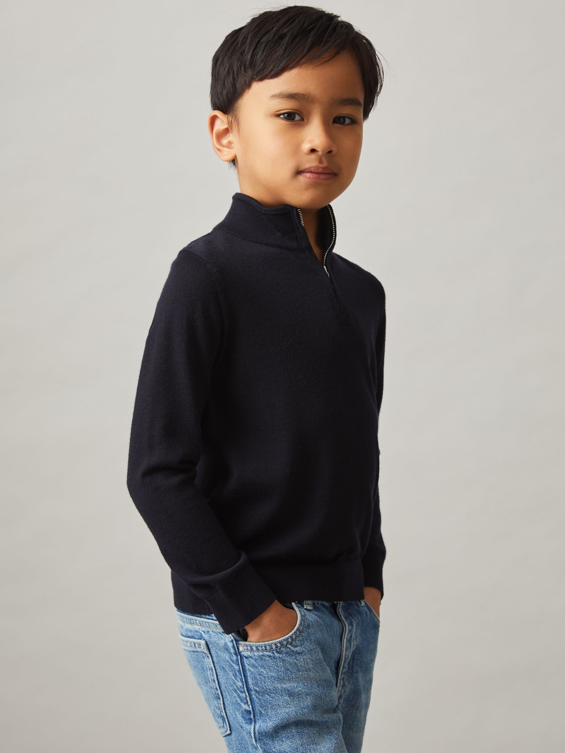 3-9 yrs Merino Wool Half-Zip Funnel Neck Jumper in Navy (N27403) | US$55