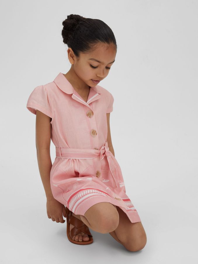 9-13 yrs Cotton-Linen Capped Sleeve Belted Dress in Pink Print (N27638) | HK$389