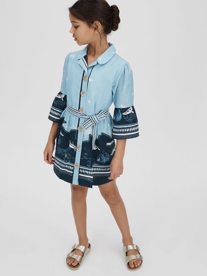 4-9 yrs Cotton-Linen Flared Sleeve Dress in Blue Print (N27652) | €47