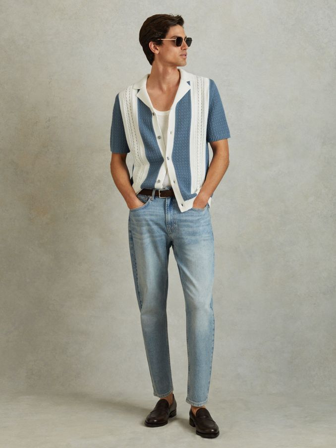 Crochet Striped Cuban Collar Shirt in Blue/White (N27670) | €127
