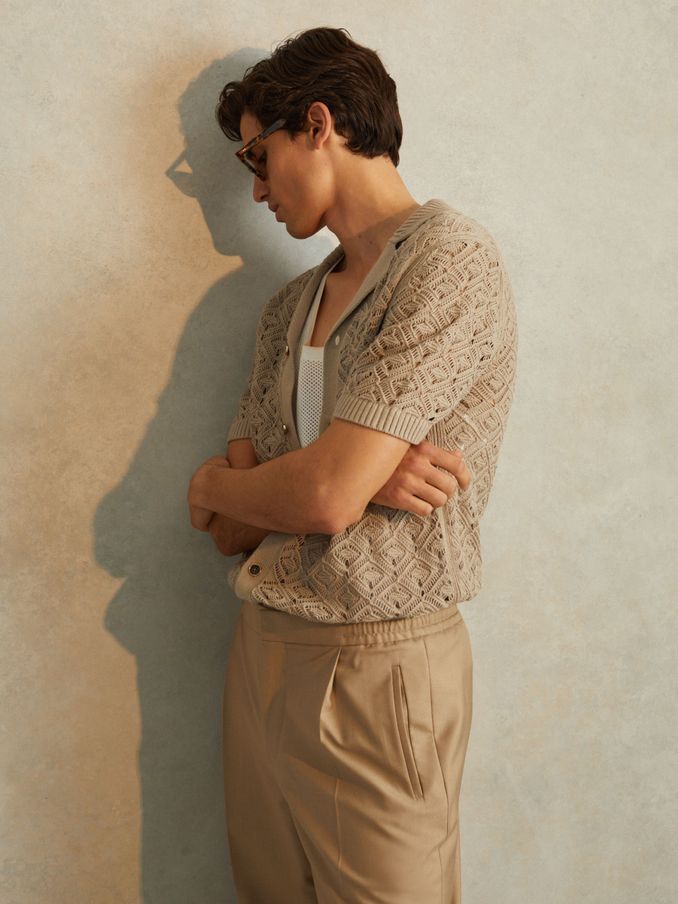 Crochet Cuban Collar Shirt in Stone (N27674) | US$126