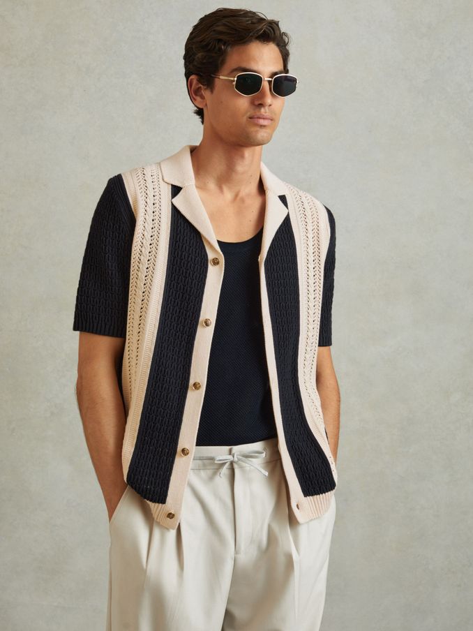 Crochet Striped Cuban Collar 100% Cotton Shirt in Navy/Stone (N27680) | €73
