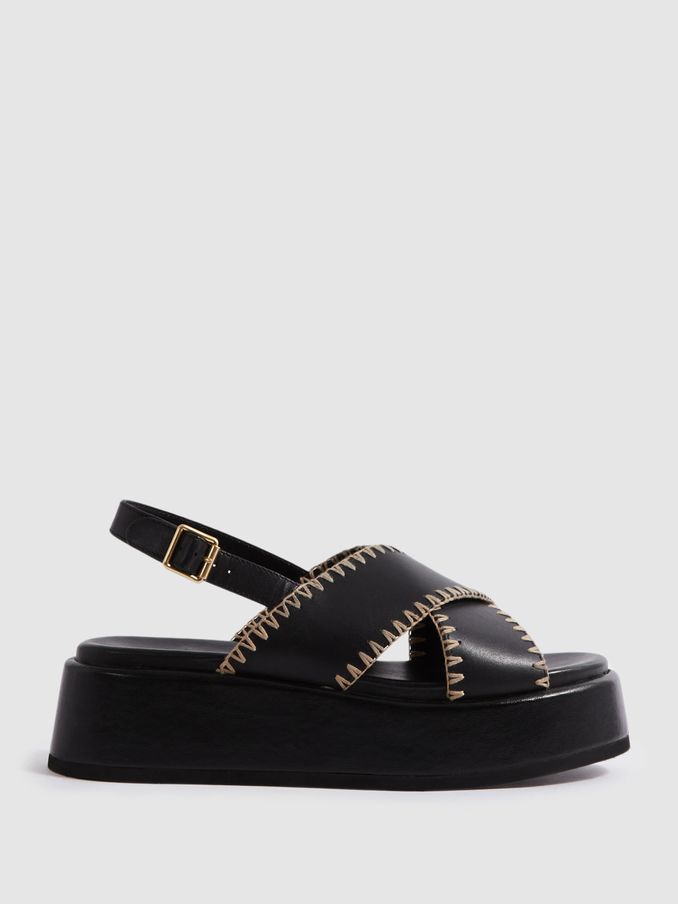 Leather Raffia Stitch Platform Sandals in Black (N29652) | €139