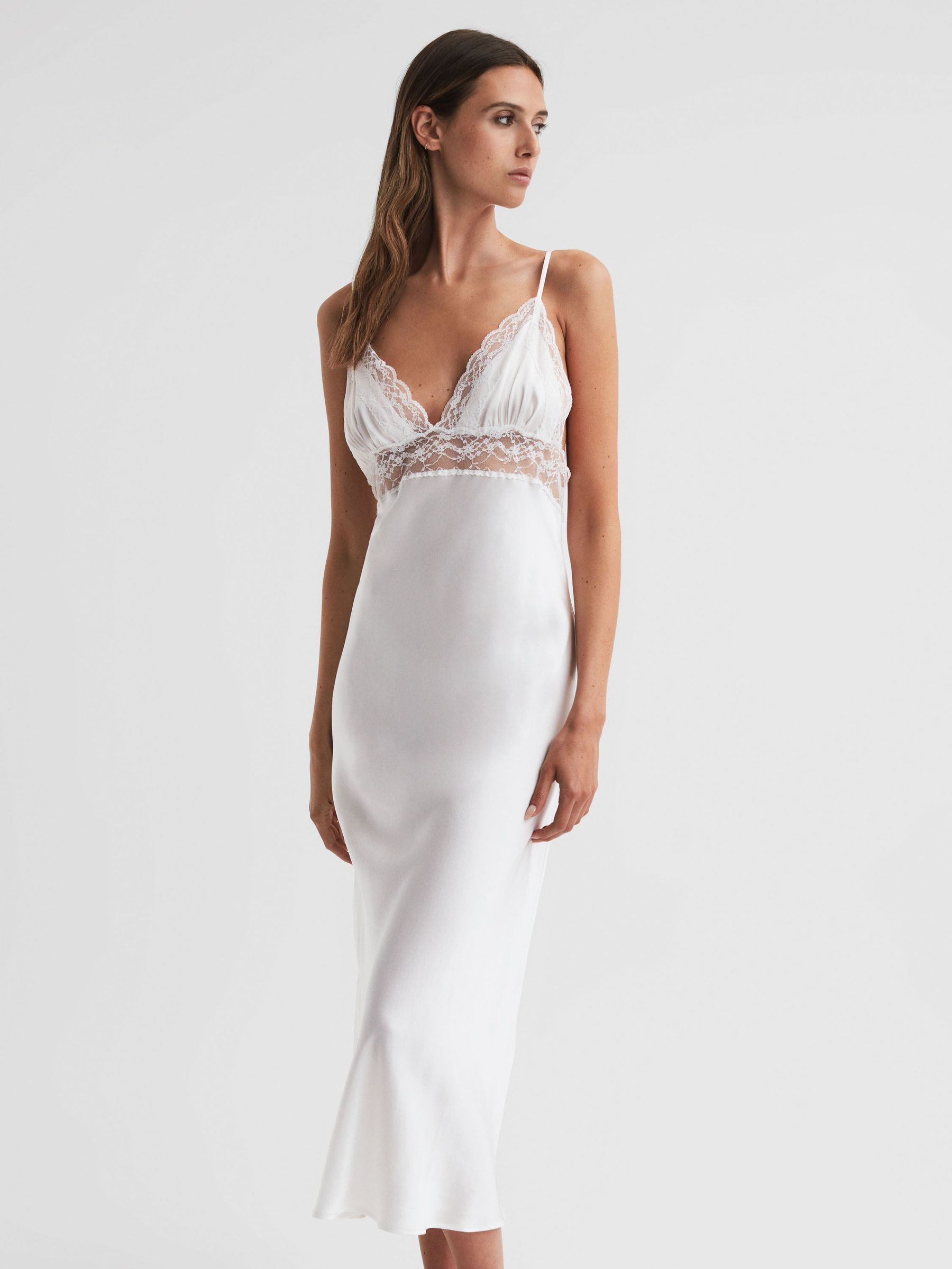 Maison Essentiele Silk Lace Midi Dress in Optic White (N29885) | $248