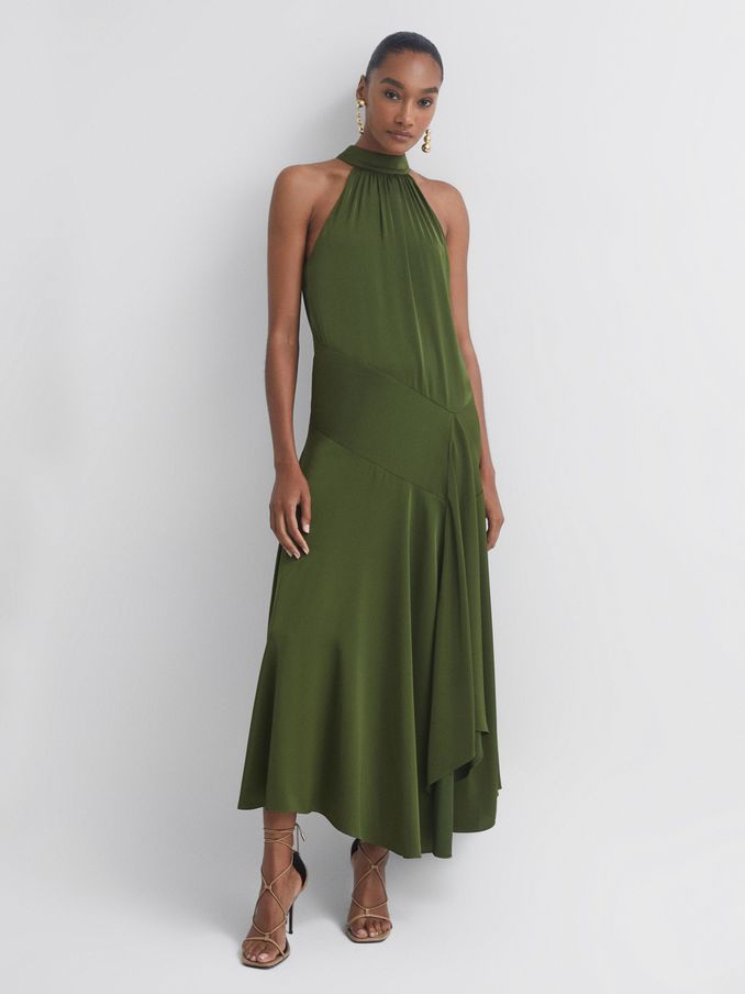 Florere Halterneck Asymmetric Midi Dress in Khaki (N29889) | €96