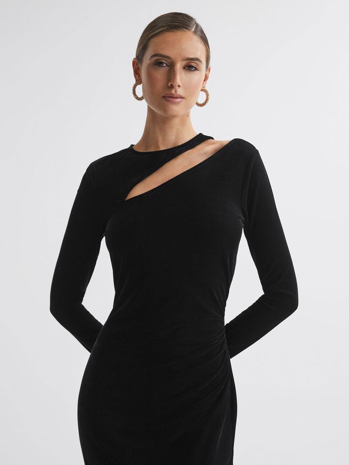 Petite Velvet Cut-Out Midi Dress in Black (N31485) | US$72