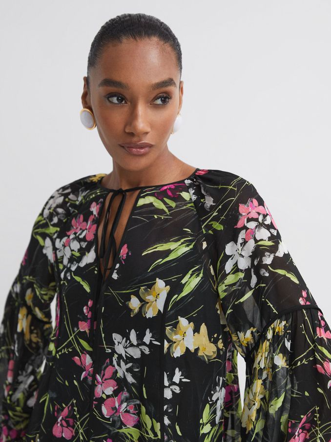 Florere Sheer Floral Tie Neck Blouse in Black (N31514) | €57