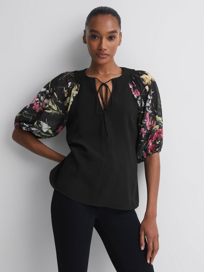Florere Floral Puff Sleeve Top in Black (N31519) | US$71