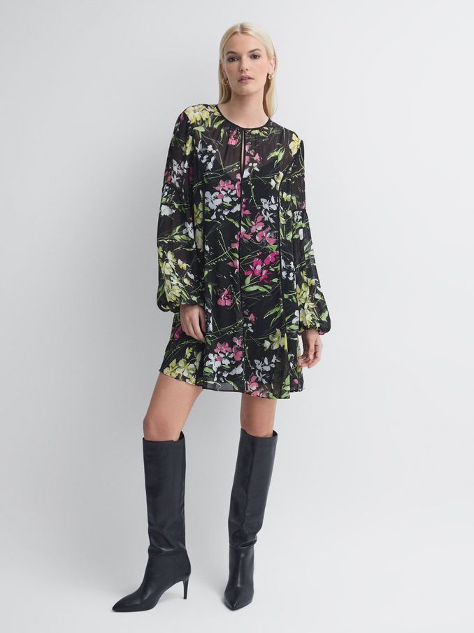 Florere Sheer Floral Mini Dress in Black (N31523) | US$98