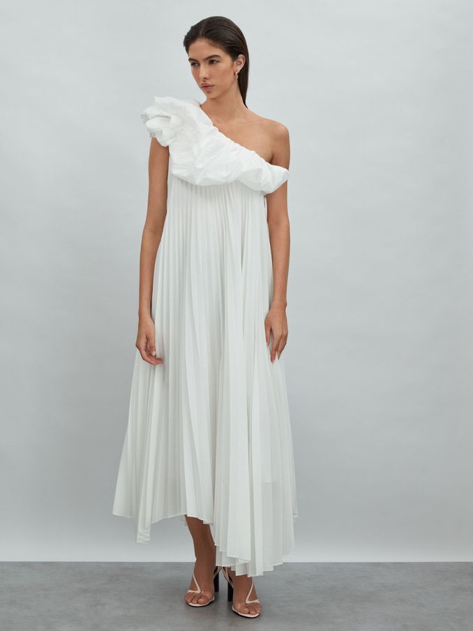 Acler One-Shoulder Asymmetric Midi Dress in Ivory (N32601) | US$492