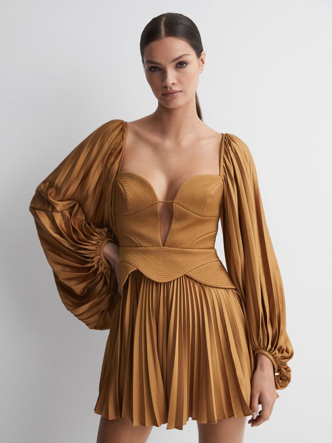 Acler Peplum Pleated Mini Dress in Gold (N32602) | US$378