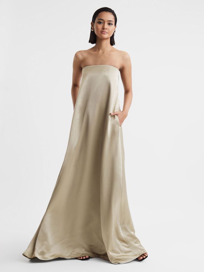 Anna Quan Japanese Satin Strapless Maxi Dress in Taupe (N32607) | US$574