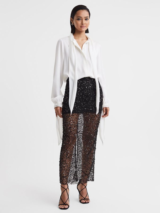 Anna Quan Embellished Netted Midi Skirt in Black (N32614) | €427