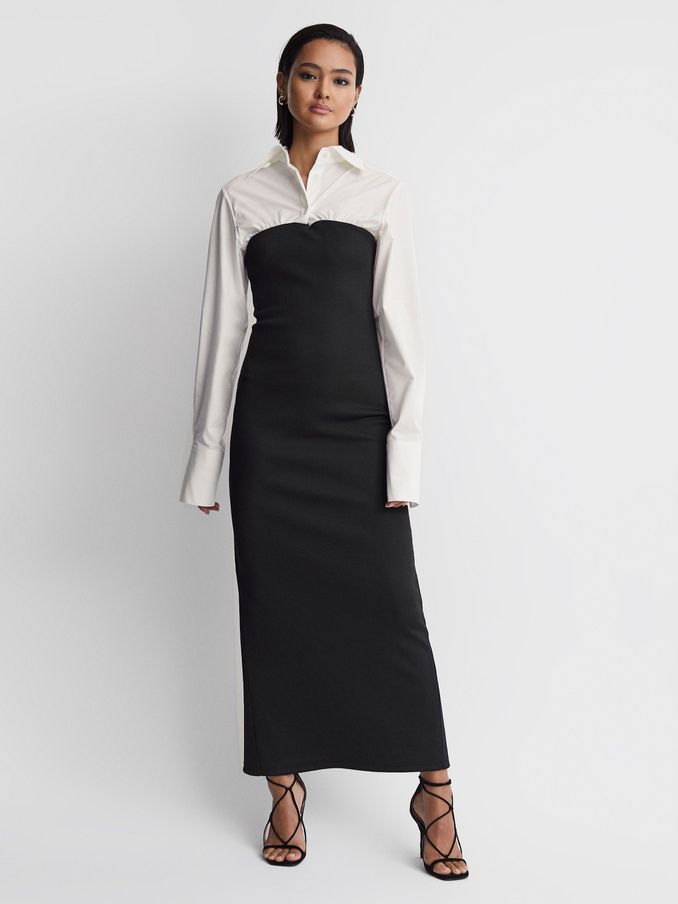 Anna Quan Hybrid Shirt Jersey Maxi Dress in Swan Black (N32615) | $467