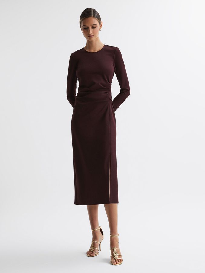 Ruched Bodycon Midi Dress in Burgundy (N33331) | €96