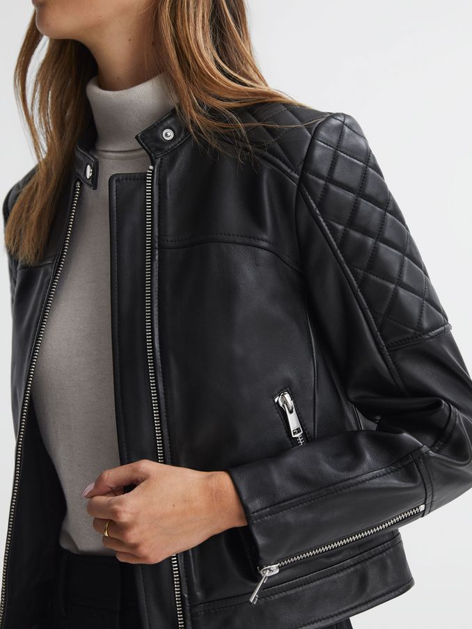 Leather Collarless Quilted Jacket in Black (N36461) | US$328