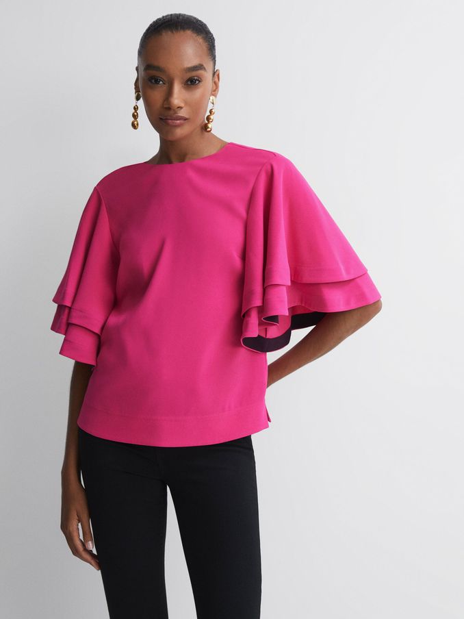 Florere Tiered Sleeve Top in Bright Pink (N36467) | US$48