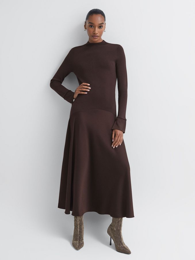 Florere Knitted Satin Midi Dress in Chocolate (N36491) | €115