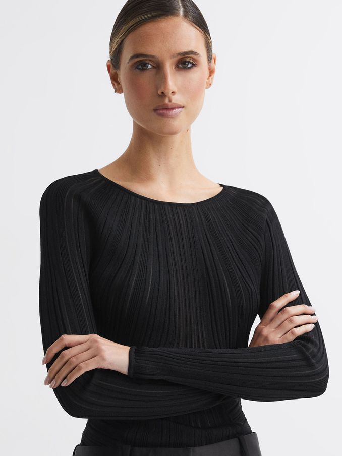 Sheer Knitted Long Sleeve Top in Black (N36924) | 251 QAR