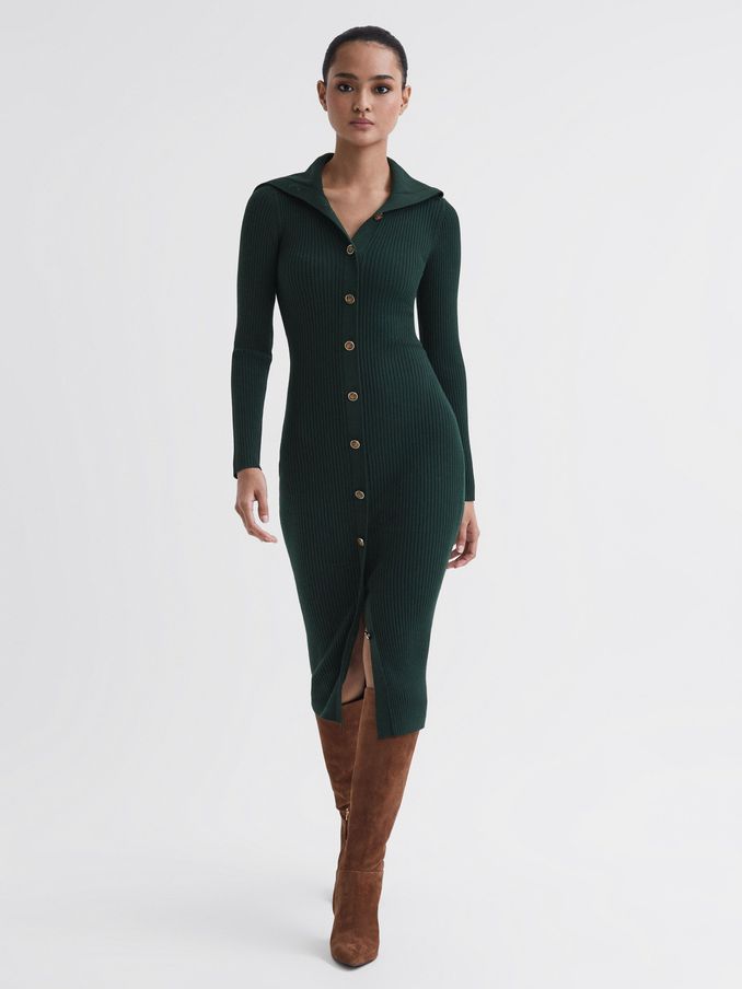 Petite Button Through Bodycon Midi Dress in Green (N36941) | $198
