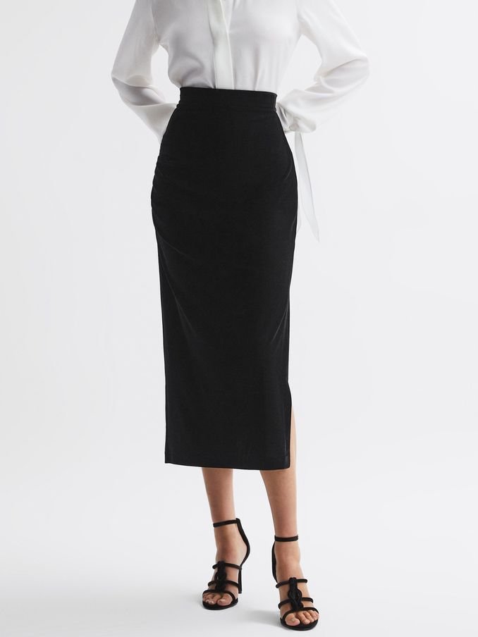Velvet Ruched Midi Skirt in Black (N36943) | US$62